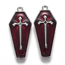 Honeyhandy Halloween Theme Alloy Enamel Pendants, Red Coffin with Cross, Platinum, 25.5x11x3mm, Hole: 1.2mm