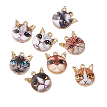 Honeyhandy Rack Plating Alloy Enamel Pendants, Light Gold, Cat Head Charm, Mixed Color, 20x18x2.5mm, Hole: 2mm