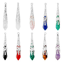 SUPERFINDINGS 10 Styles Gemstone Hexagonal Faceted Conical Pendants Bullet Pointed Pendants Quartz Crystal Stone Charm for Necklace Earring Jewelry Making, Hole: 2mm