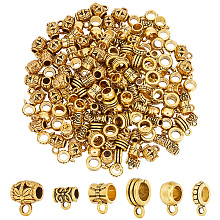 HOBBIESAY 180Pcs 6 Style Tibetan Style Alloy Tube Bails, Loop Bails, Bail Beads, Barrel & Column & Ring, Antique Golden, 7~13x6~8x3~7.5mm, Hole: 5mm, Inner Diameter: 2.7~5mm, 30Pcs/style