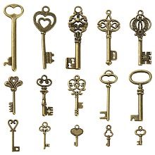 30Pcs 15 Style Tibetan Style Alloy Pendants, Key & Skeleton Key, Antique Bronze, 6.5~53.5x2~17x1~16mm, Hole: 1~4mm, 2pcs/style