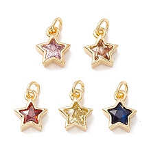 Honeyhandy Brass Cubic Zirconia Charms, Real 18K Gold Plated, Star, Mixed Color, 9x7.5x3mm, Hole: 2.5mm