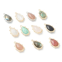 Honeyhandy Natural Mixed Gemstone Pendants, with Brass Edge, Faceted, Teardrop, 22.5x14x5.5mm, Hole: 1.6mm