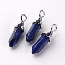 Honeyhandy Bullet Natural Lapis Lazuli Pendants, with Platinum Tone Random Alloy Pendant Hexagon Bead Cap Bails, 27~31x10x8mm, Hole: 4x3mm