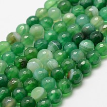 Honeyhandy Faceted Natural Striped Agate/Banded Agate Beads Strands, Round, Dyed & Heated, Green, 4mm, Hole: 0.8mm, about 86pcs/strand, 14 inch(35.6cm)