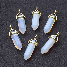 Honeyhandy Opalite Double Terminated Pointed Pendants, with Random Alloy Pendant Hexagon Bead Cap Bails, Bullet, Golden, 37~40x12.5x10mm, Hole: 3x4.5mm