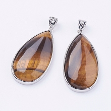 Honeyhandy Natural Tiger Eye Big Pendants, with Platinum Tone Brass Findings, Lead Free & Nickel Free, Teardrop, 50x26x9mm, Hole: 5x6mm