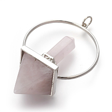 Honeyhandy Natural Rose Quartz Big Pendants, with Platinum Tone Brass Findings, Pyramid, 62~63x4.1x2mm, Hole: 5mm