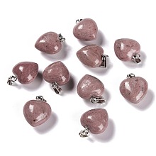 Honeyhandy Natural Rhodochrosite Pendants, with Platinum Brass Loops, Heart, 18~19x15~15.5x7.5~10mm, Hole: 6x2.5~3mm