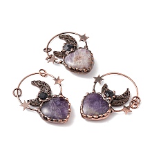 Honeyhandy Natural Amethyst Big Pendants, with Red Copper Tone Brass Findings and Black Glass, Heart with Moon & Star, Cadmium Free & Lead Free, 65.5~68x50~55x11.5~15mm, Hole: 6mm