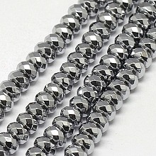 Honeyhandy Electroplate Non-magnetic Synthetic Hematite Beads Strands, Faceted, Rondelle, Grade A, Silver Plated, 6x4mm, Hole: 1.2mm, about 100pcs/strand, 16 inch