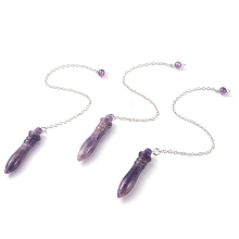 Honeyhandy Natural Amethyst Pointed Dowsing Pendulums, with Brass Cable Chains, Bullet, 238~255mm, Hole: 2.5mm, Pendants: 53x12mm