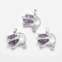 Honeyhandy Natural Amethyst Kitten Pendants, with Platinum Tone Brass Findings, Cartoon Cat Shape, 28x30x9mm, Hole: 5x7mm