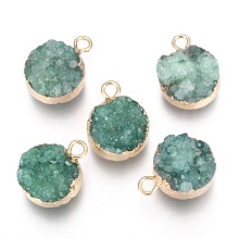 Honeyhandy Natural Druzy Agate Pendants, with Real 18K Gold Plated Brass Finding, Long-Lasting Plated, Flat Round, Dyed, Green, 18~20x14x5~10mm, Hole: 2~3mm