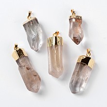 Honeyhandy Natural Crystal Pencil Pointed Pendants, with Brass Findings, Faceted, Bullet, Clear, Golden Metal Color, 38~55x10~17mm, Hole: 7x5mm