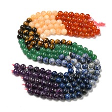 Honeyhandy Chakra Natural Mixed Gemstone Beads Strands, Natural Carnelian & Yellow Jade & Jade & Tiger Eye & Amethyst & Lapis Lazuli & Blue Spot Jasper, Round, Mixed Dyed and Undyed, 8mm, Hole: 1mm, about 49pcs/strand, 15.75 inch(40cm)