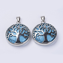 Honeyhandy Dyed Synthetic Turquoise Pendants, with Platinum Plated Brass Findings, Flat Round with Tree of Life, 31x27x8mm, Hole: 3.5x7mm