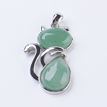 Honeyhandy Natural Green Aventurine Kitten Pendants, with Brass Findings, Cat Silhouette Shape, Platinum, 45x27x8mm, Hole: 5x7mm