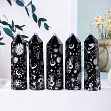 Honeyhandy Natural Black Obsidian Pointed Prism Bar Home Display Decoration, Healing Stone Wands, for Reiki Chakra Meditation Therapy Decos, Moon Star Print Faceted Bullet, Silver, 50~60mm