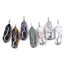 Honeyhandy Natural & Synthetic Mixed Gemstone Big Wire Wrapped Pendants, with Brass Wires, prismatic with Tree of Life, Platinum, 48~62x14~17x13~18mm, Hole: 4x5~6mm