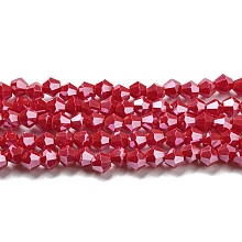 Honeyhandy Opaque Solid Color Electroplate Glass Beads Strands, Pearl Luster Plated, Faceted, Bicone, Red, 4x4mm, Hole: 0.8mm, about 82~85pcs/strand, 30.5~31cm