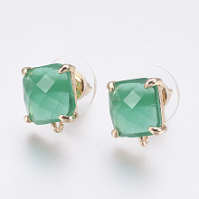 Honeyhandy Faceted Glass Stud Earring Findings, with Loop, Light Gold Plated Brass Findings, Square, Medium Sea Green, 11x10x5mm, Hole: 1mm, Pin: 0.8mm