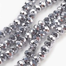 Honeyhandy Electroplate Glass Beads Strands, Full Plated, Faceted, Rondelle, Silver, 6x4.5mm, Hole: 0.8mm, about 88~92pcs/strand, 15.5 inch