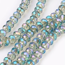 Honeyhandy Electroplate Glass Beads Strands, Full Rainbow Plated, Faceted, Rondelle, Turquoise, 6x4~5mm, Hole: 0.8~1mm, about 88~92pcs/strand, 15.5 inch~16 inch(39~45cm)