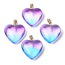 ARRICRAFT Two Tone Spray Painted Glass Pendants, with Golden Plated Iron Bails, Heart, Deep Sky Blue, 22x20.5x7mm, Hole: 6x2mm