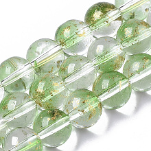 Honeyhandy Transparent Spray Painted Glass Bead Strands, with Golden Foil, Round, Lime Green, 8~9mm, Hole: 1.2~1.5mm, about 46~56pcs/Strand, 14.37 inch~16.3 inch(36.5~41.4cm)