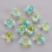 Honeyhandy Two Tone Transparent Spray Painted Glass Charms, Teardrop, Yellow Green, 14x10x9mm, Hole: 1mm