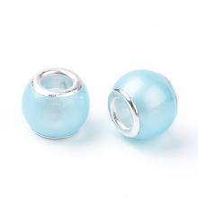 Honeyhandy Glass ABS Plastic Imitation Pearl European Beads, Large Hole Beads, Rondelle, with Silver Color Plated Brass Cores, Light Sky Blue, 11.5~12x9~10mm, Hole: 5mm