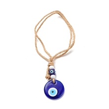 Honeyhandy Handmade Evil Eye Lampwork Pendant Decorations, with Jute Cord, Flat Round, Dark Blue, 225mm