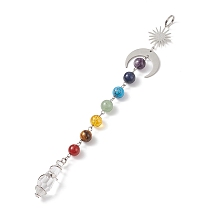 Honeyhandy 7 Chakra Gemstone Beaded Pendant Decorations, Glass Bullet Shape Suncatchers, with 201 Stainless Steel Moon, Brass Sun, Platinum, 210mm