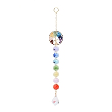 Honeyhandy Natural & Synthetic Mixed Gemstone Tree with Glass Window Hanging Suncatchers, Golden Brass Tassel Pendants Decorations Ornaments, Leaf, 243mm