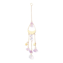 Honeyhandy Hanging Crystal Aurora Wind Chimes, with Prismatic Pendant, Teardrop-shaped Iron Link and Natural Amethyst, for Home Window Lighting Decoration, Golden, 265mm