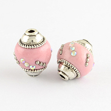 Honeyhandy Handmade Indonesia Beads, with Rhinestones and Alloy Cores, Oval, Antique Silver, Pink, 15~17x14mm, Hole: 2mm