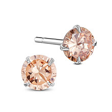 SHEGRACE Rhodium Plated 925 Sterling Silver Four Pronged Ear Studs, with AAA Cubic Zirconia and Ear Nuts, PeachPuff, 6mm