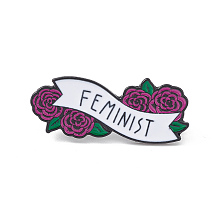 Honeyhandy Rose Flower with Feminist Enamel Pin, Electrophoresis Black Alloy Feminism Brooch for Backpack Clothes, Old Rose, 15.5x37.5x1.5mm, Pin: 1mm