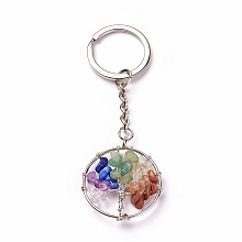 Honeyhandy Chakra Jewelry, Natural & Synthetic Mixed Stone Keychain, with Brass Findings and Iron Ring, Flat Round with Tree, Platinum, 84mm, Pendant: 34x30x6mm