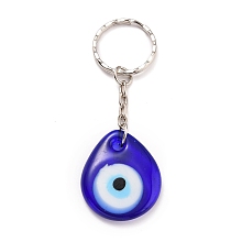 Honeyhandy Teardrop Evil Eye Lampwork Keychain, with Platinum Plated Iron Split Key Rings, Royal Blue, 85mm