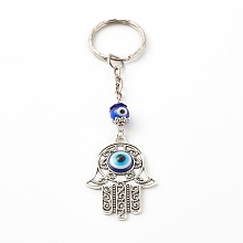 Honeyhandy Alloy Enamel Keychain, with Lampwork Round Beads and Iron Split Key Rings, Hamsa Hand with Evil Eye, Blue, Antique Silver, 10.7cm