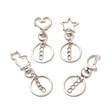 Honeyhandy Alloy Swivel Keychain Clasps, with Iron Split Key Rings, Flower & Cat & Heart & Moon & Star, Mixed Shape, Platinum, 64~71mm