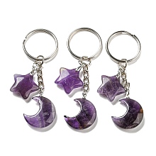 Honeyhandy Reiki Natural Amethyst Moon & Star Pendant Keychains, with Iron Keychain Rings, 7.8cm