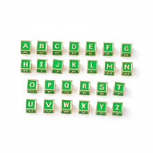 Rack Plating Brass Enamel Beads, Cadmium Free & Nickel Free & Lead Free, Real 18K Gold Plated, Cube with Letter A`Z, Lime Green, 6x6x6mm, Hole: 2.5mm