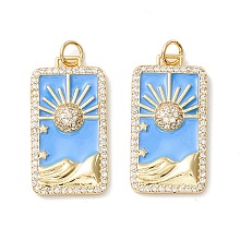 Honeyhandy Rack Plating Brass Micro Pave Clear Cubic Zirconia Pendants, with Enamel, Cadmium Free & Nickel Free & Lead Free, Real 18K Gold Plated, Rectangle with Sun, Light Sky Blue, 27x14x3.5mm, Hole: 3.4mm