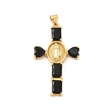 Honeyhandy Rack Plating Brass Pendants, with Glass Cubic Zirconia, Religion Heart Cross with Virgin Mary Charm, Cadmium Free & Lead Free, Long-Lasting Plated, Real 18K Gold Plated, Black, 39x23x4mm, Hole: 5x3mm