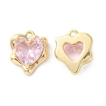 Honeyhandy Brass Micro Pave Cubic Zirconia Charms, Heart Charm, Real 18K Gold Plated, Pink, 13x11x4.5mm, Hole: 1.2mm