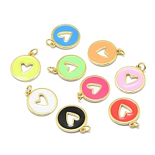 Honeyhandy Brass Enamel Pendants, Round with Cut Out Heart, Real 18K Gold Plated, Long-Lasting Plated, Mixed Color, 18x15.5x1mm, Hole: 3mm, Jump rings: 5x0.7mm