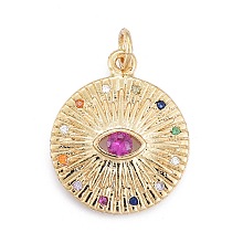 Honeyhandy Brass Micro Pave Cubic Zirconia Pendants, with Jump Ring, Flat Round with Eye, Real 18K Gold Plated, Colorful, 19x17x2.5mm, Hole: 3mm, Jump Ring: 5x0.9mm